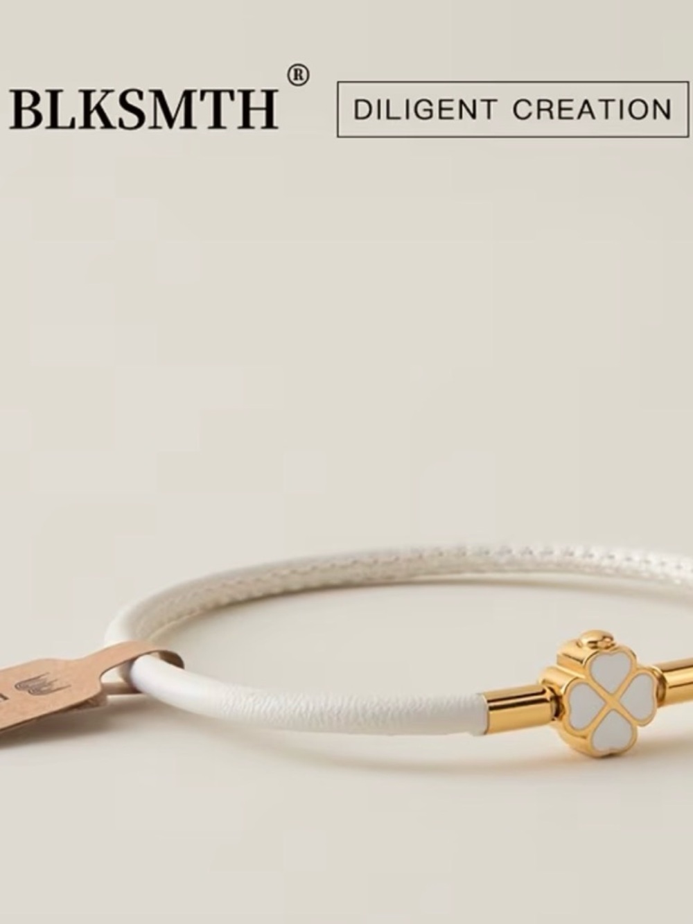 BLKSMTH White Leather Bracelet with Gold Clover Charm Unisex